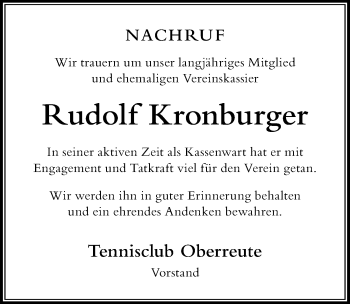 Traueranzeige von Rudolf Kronburger von Der Westallgäuer