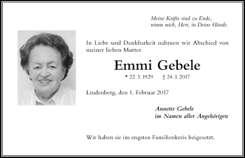 Traueranzeige von Emmi Gebele von Der Westallgäuer