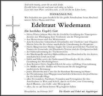 Traueranzeige von Edeltraut Wiedemann von Der Westallgäuer