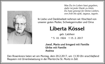 Traueranzeige von Liberta Kössel von Allgäuer Zeitung, Füssen