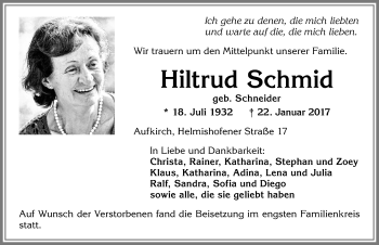 Traueranzeige von Hiltrud Schmid von Allgäuer Zeitung, Kaufbeuren/Buchloe
