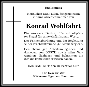 Traueranzeige von Konrad Wohlfahrt von Allgäuer Anzeigeblatt