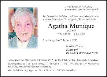 Traueranzeige von Agatha Munique von Der Westallgäuer