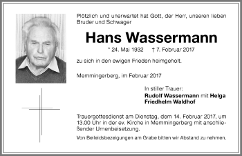 Traueranzeige von Hans Wassermann von Memminger Zeitung