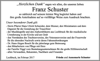 Traueranzeige von Franz Schuster von Allgäuer Zeitung, Füssen