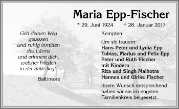 Traueranzeige von Maria Epp-Fischer von Allgäuer Zeitung,Kempten