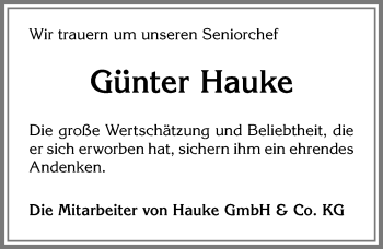 Traueranzeige von Günter Hauke von Allgäuer Zeitung, Füssen