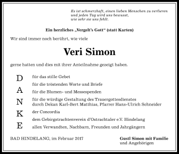 Traueranzeige von Veri Simon von Allgäuer Anzeigeblatt