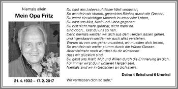 Traueranzeige von Fritz Wolfsgruber von Allgäuer Zeitung,Kempten