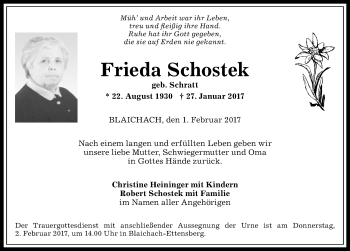Traueranzeige von Frieda Schostek von Allgäuer Anzeigeblatt
