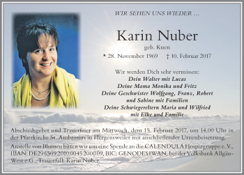 Traueranzeige von Karin Nuber von Der Westallgäuer