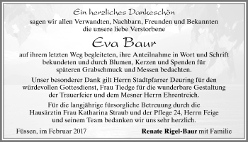 Traueranzeige von Eva Baur von Allgäuer Zeitung, Füssen