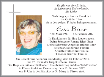 Traueranzeige von Eva Baur von Allgäuer Zeitung, Füssen