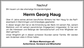 Traueranzeige von Georg Haug von Memminger Zeitung