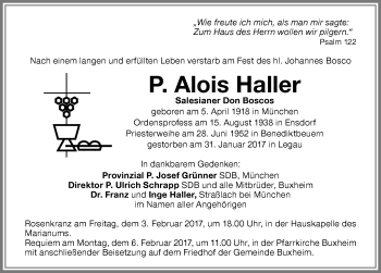 Traueranzeige von Alois Haller von Memminger Zeitung
