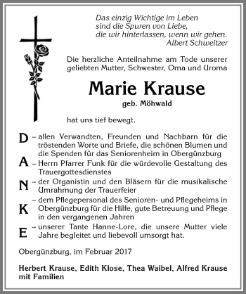 Traueranzeige von Marie Krause von Allgäuer Zeitung, Marktoberdorf