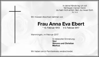 Traueranzeige von Anna Eva Ebert von Memminger Zeitung