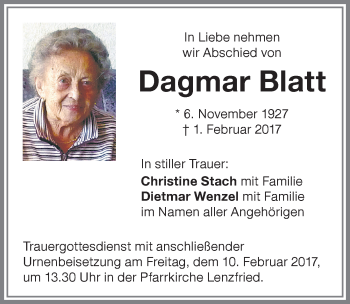 Traueranzeige von Dagmar Blatt von Allgäuer Zeitung,Kempten