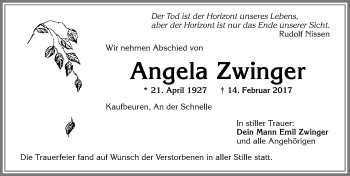 Traueranzeige von Angela Zwinger von Allgäuer Zeitung, Kaufbeuren/Buchloe