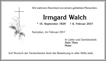 Traueranzeige von Irmgard Walch von Allgäuer Zeitung,Kempten