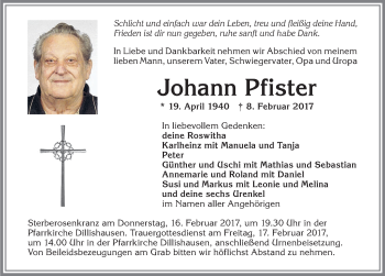 Traueranzeige von Johann Pfister von Allgäuer Zeitung, Kaufbeuren/Buchloe