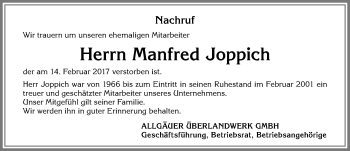 Traueranzeige von Manfred Joppich von Allgäuer Zeitung,Kempten