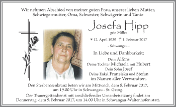Traueranzeige von Josefa Hipp von Allgäuer Zeitung, Füssen