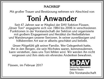 Traueranzeige von Toni Anwander von Allgäuer Zeitung, Füssen