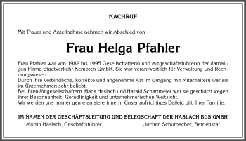 Traueranzeige von Helga Pfahler von Allgäuer Zeitung,Kempten