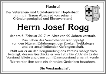 Traueranzeige von Josef Rogg von Allgäuer Zeitung, Marktoberdorf