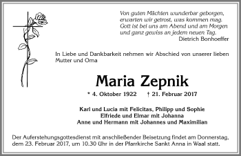 Traueranzeige von Maria Zepnik von Allgäuer Zeitung, Kaufbeuren/Buchloe