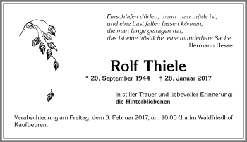 Traueranzeige von Rolf Thiele von Allgäuer Zeitung, Kaufbeuren/Buchloe