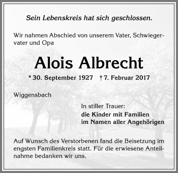 Traueranzeige von Alois Albrecht von Allgäuer Zeitung,Kempten