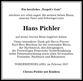 Traueranzeige von Hans Pichler von Allgäuer Anzeigeblatt