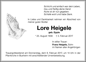 Traueranzeige von Lore Heigele von Memminger Zeitung