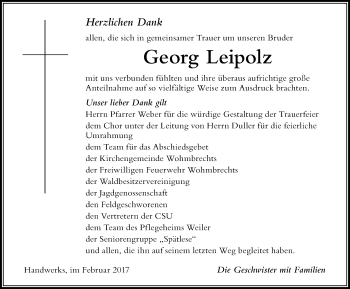 Traueranzeige von Georg Leipolz von Der Westallgäuer