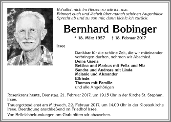 Traueranzeige von Bernhard Bobinger von Allgäuer Zeitung, Kaufbeuren/Buchloe