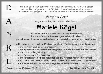 Traueranzeige von Mariele Kögel von Allgäuer Zeitung,Kempten