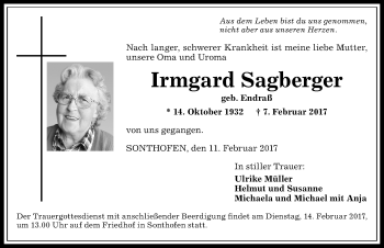 Traueranzeige von Irmgard Sagberger von Allgäuer Anzeigeblatt