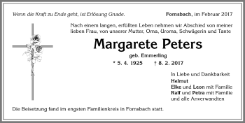 Traueranzeige von Margarete Peters von Allgäuer Zeitung, Kaufbeuren/Buchloe
