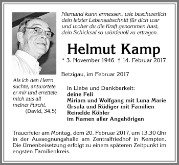 Traueranzeige von Helmut Kamp von Allgäuer Zeitung,Kempten