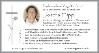Traueranzeige von Josefa Hipp von Allgäuer Zeitung, Füssen