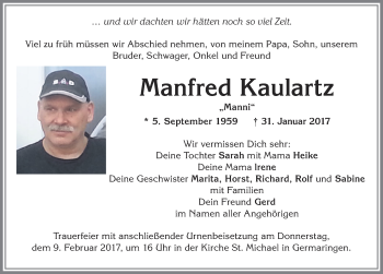 Traueranzeige von Manfred Kaulartz von Allgäuer Zeitung, Kaufbeuren/Buchloe