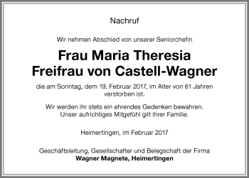 Traueranzeige von Maria Theresia Freifrau von Castell-Wagner von Memminger Zeitung
