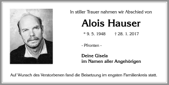 Traueranzeige von Alois Hauser von Allgäuer Zeitung, Füssen
