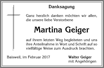 Traueranzeige von Martina Geiger von Allgäuer Zeitung, Kaufbeuren/Buchloe