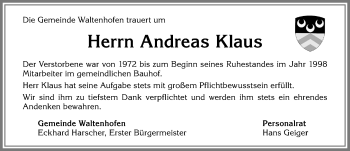 Traueranzeige von Andreas Klaus von Allgäuer Zeitung,Kempten