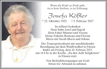 Traueranzeige von Josefa Kößler von Allgäuer Zeitung, Füssen