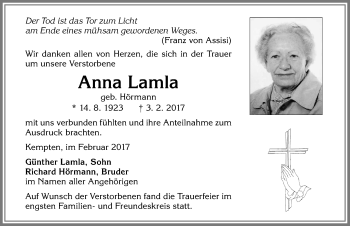 Traueranzeige von Anna Lamla von Allgäuer Zeitung,Kempten