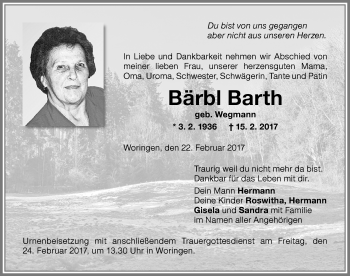 Traueranzeige von Bärbl Barth von Memminger Zeitung